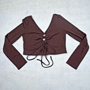 Womens L Crop Top Brown Ribbed Cutout Stretch Long Sleeve Open Back V-Neck Y2K